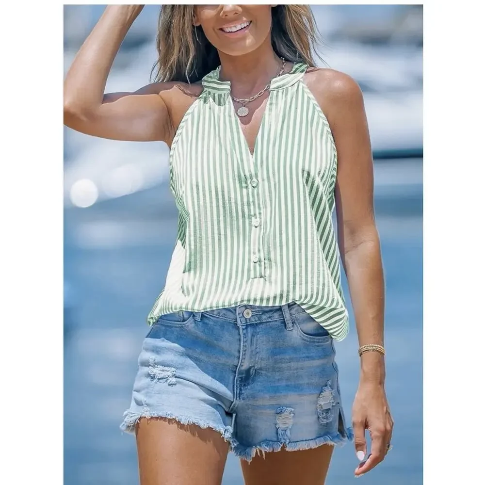 Cupshe Green/White Striped Halter Sleeveless Button Front Blouse Top S - Picture 2 of 3